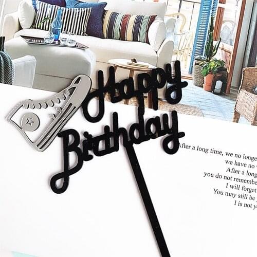 Sport Shoes Happy Birthday Acrylic Cake Topper Black Birthday Cake Topper for Baby Birthday Party Cake Decorations Baby Shower