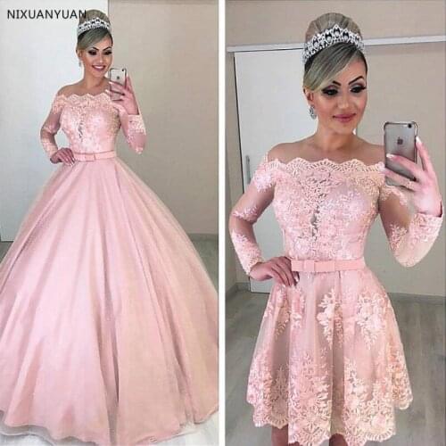 Unique Tulle Off-the-shoulder Neckline 2 In 1 Wedding Dresses Long Sleeves & Bowknot & Detachable Skirt Pink Bridal Dress