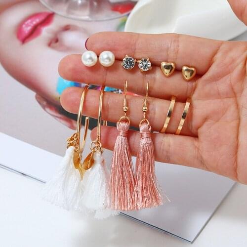 Vintage Crystal Pearl Stud Earrings Set For Women BOHO Sequins Tassel Geometric Heart Twist Earring 2020 New Women Girls Jewelry