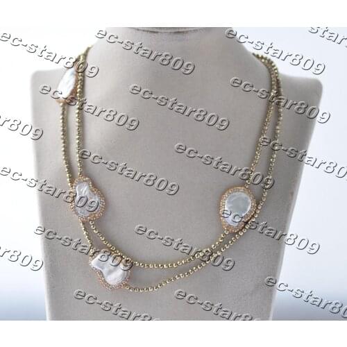 Z11247 36" 28mm White Coin CZ Pearl Hematite Bead Necklace Woman Fashion Jewelry