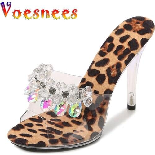 Voesnees Women Slippers 2021 Summer Shiny Sequins Transparent Stiletto Shoes Wild Nature Leopard Print Sexy Open Toed Sandals