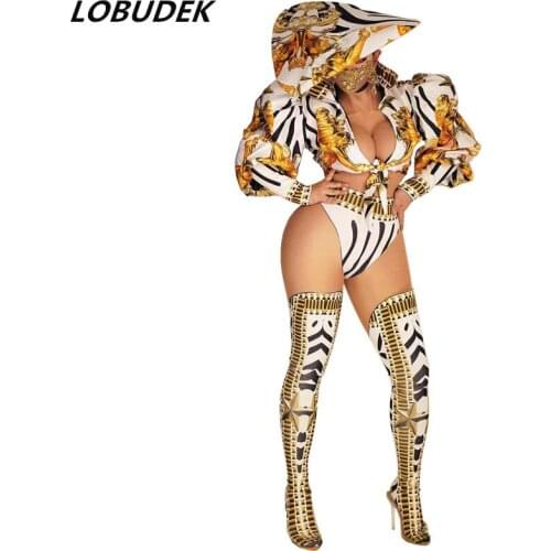 Women Vintage Gogo Costume Sexy Nightclub Bar Party DJ DS Jacket Pants Foot Cover Outfit Print Jazz Dance Clothes Stage Wear
