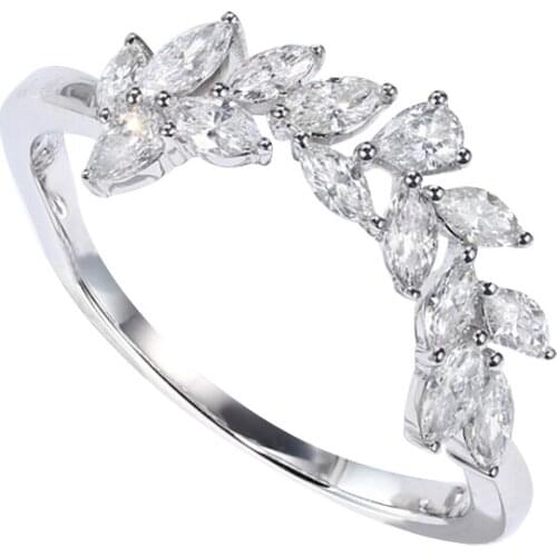 EDI Flower Diamond Ring AU585 14k Solid White Gold 0.58ct Carat Marquise Cut Real Diamond Wedding Ring For Women Noble Tail Ring