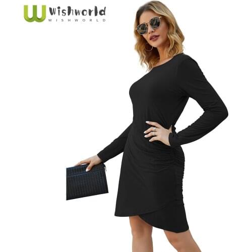 2021 Age Season Product Pure Color Fashion Sexy Bag Hip Cultivate Ones Morality Dress Irregular Long-sleeved Dress