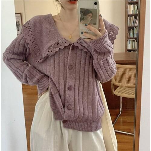 2021 autumn new Korean version of wild students loose and thin doll collar long-sleeved sweater knitted cardigan jacket women