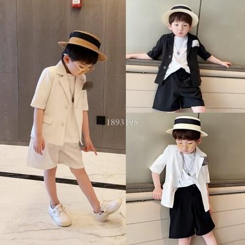 Childrens Formal Suit Set Summer New Flower Boys Wedding Party Dress Costume Kids Short Sleeve Blazer Shorts 2pcs Clothing Set