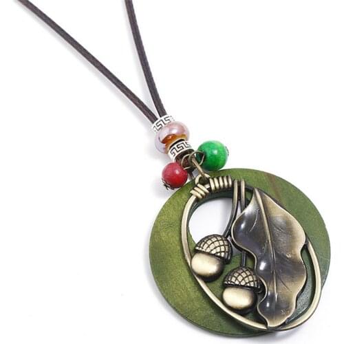Leaf Ethnic Wood Long Vintage Bead Charms Bronze Pendants Leather Necklace Women Sweater Chain Female Men Jewelry