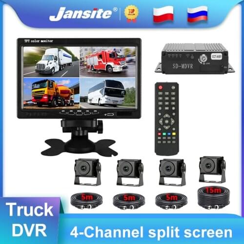 Jansite 7" Truck DVR Dash Cam Registrar AHD for BUS CCTV 4-Channel split screen 12-24V Cycle Recording Waterproof 4 rear cameras