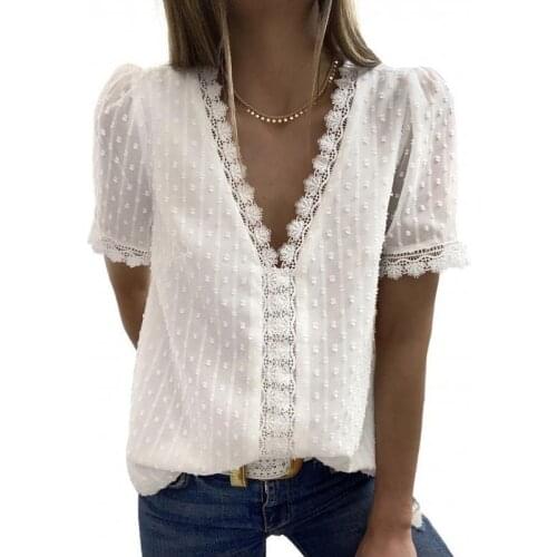 Lace Patchwork V-neck Solid Women Chiffon Blouse Short Puff Sleeve Loose Ladies Blouses Summer Casual Female Tops 2021 Fashion