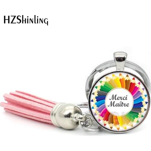 Wholesale steampunk Tassel Keyring Handmade Merci maitresse key ring Glass Dome Key chains for kids women
