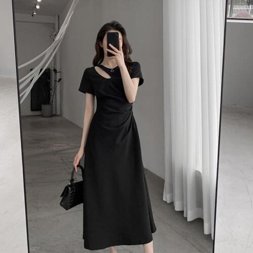Maxi Dress Cut Out Short Sleeve Elegant Slim A-Line Solid Color плаття 2021 женскиє лето Womens Summer Clothing Robe Femme été