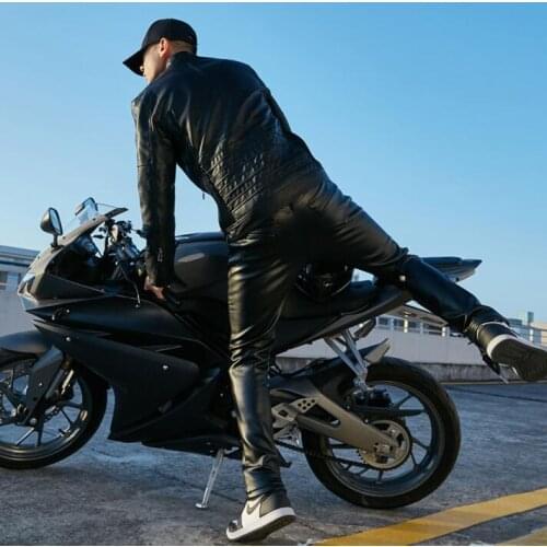 Plus velvet thickening leather jacket men faux leather coat and leather pants 1 set jaqueta de couro masculino winter warm black