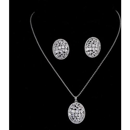 Luxury Baguette Ellipse Pendant Geometric Women Wedding Cubic Zirconia 2pcs Necklace Earring Dubai Jewelry Set D1326