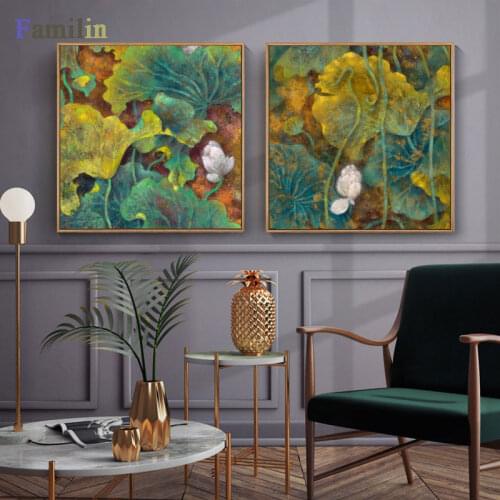 Modern calligraphy heavy color lotus inkjet paintings Living room sofa background triple width paintings Bedroom study hanging