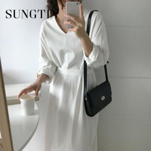 Sungtin Oversized Long Dress with Belt Women Split Long Sleeve Dresses Korean Chic Casual Loose V Neck Vestidos Mujer 2021 New