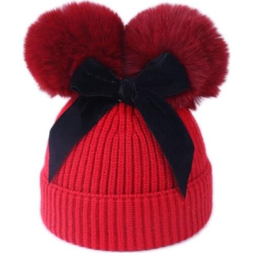 Infant Toddler Baby Ribbed Knit Woolen Beanie Hat Cute Bowknot Double Pompom Winter Thicken Lined Warm Cuffed Skull Cap