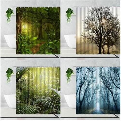Green Forest Scenery Shower Curtain Plant Sunshine Background Bathroom Decor Waterproof Curtains Set Bathtub Screen With Hooks