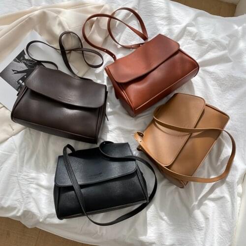 Women Simple PU Leather Shoulder Bag Retro Large Capacity Crossbody Messenger Handbags Femal Daily Solid Color Shopping Purses