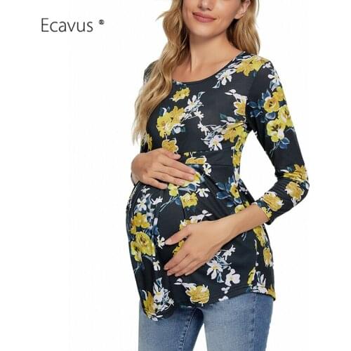 Womens Maternity Shirt Round Neck Peplum Maternity Top with Front Pleat Pregnancy 3/4 Sleeve Tunic Casual Tops
