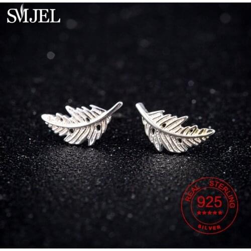 SMJEL Vintage Sterling Silver Jewelry Exquisite Feather Stud Earrings for Women 100% 925 Sterling Silver Ear pendientes mujer