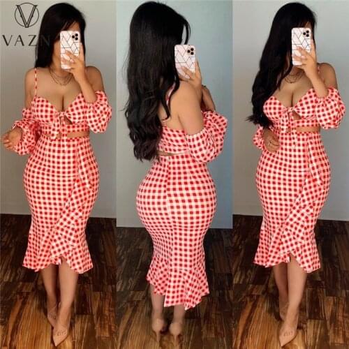 VAZN 2021 Top Quality Classic Plaid Elegant Set Off Shoulder Full Sleeve High Waist Mermaid Midi Skirts Skinny Women 2 Piece Set