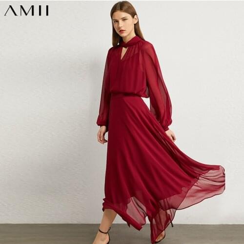 AMII Minimalism Autumn Women Suit Fashion Chiffon Solid Lantern Sleeve Womens Shirt High Waist Irregular Hem Skirt 12070312