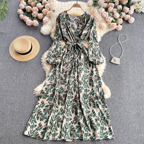 SINGREINY Women Retro Print Maxi Dress Puff Sleeve V Neck Sashes A-line Dresses Autumn Bohemian Casual Vacation Long Dress 2021