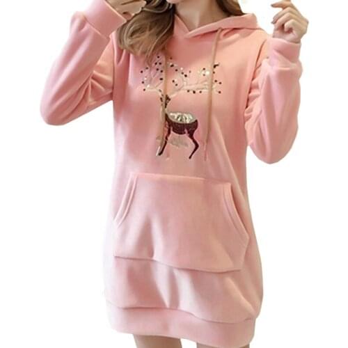 Winter Fashion Mid-length Golden Velvet Women Hoodie Sweatshirt Sequins Harajuku Cute Sika Deer Pullover Plus Velvet Female Coat