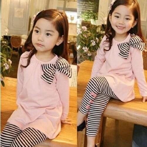 Retail and wholesle 2021 spring and autumn toddler girl clothing sets children clothes kids top with bow+striped leggings 2pcs