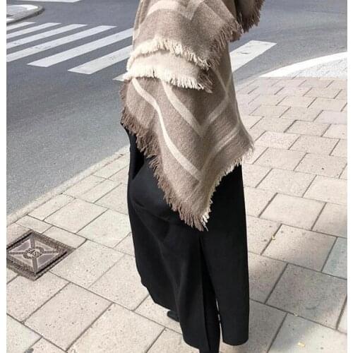 [ElfStyle] - Como Wool Cashmere Scarf Pashmina 150CM Big scarfS tobacco monogram PRINT fringes trim WOMAN NEW FASHION