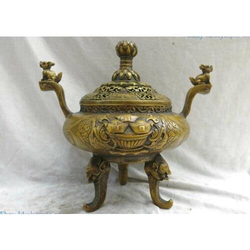 Fine brass censer China copper water lily Foo Dogs lion incense burner Statue