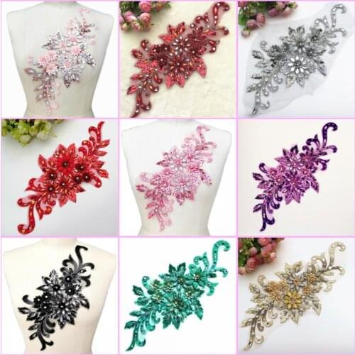 10pcs 10 colors 19x38cm with Beads Rhinestones Sequins Clothes 3D Lace Patches Appliques Designer For Sewing Dance Party Costume