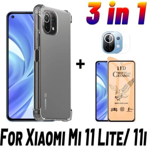 Shockproof Case For Xiomi 11 Lite Soft Screen Protector Mi 11i 10 T Matte Ceramics Film On Xiaomi Mi 11 lite Clear Silicone Case