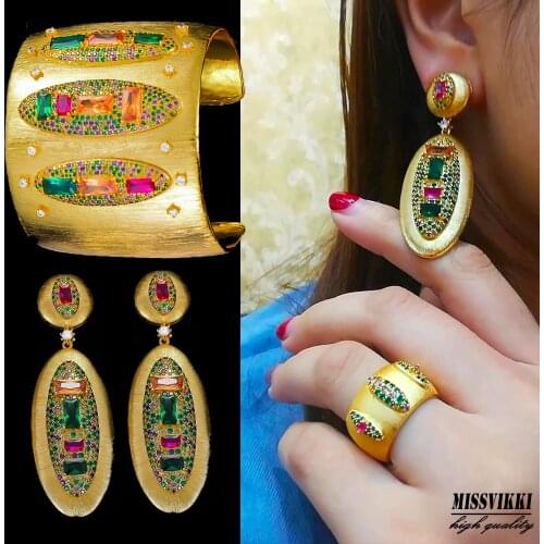 Missvikki Luxury Gorgeous DUBAI Style Wide Bangle Earrings Ring Jewelry Set for Bridal Wedding Party Daily Party Show Jewelry