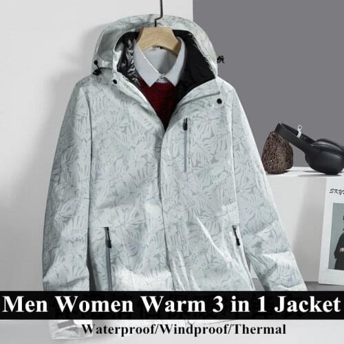 Men Women 3 in 1 Hiking Jackets Autumn Winter Plus Velvet Warm Waterproof Hooded Coat Outdoor Skiing Riding Jacket Fleece Liner