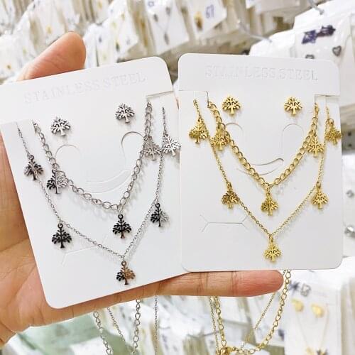 Stainless Steel Set Necklace Earrings Hot Tree of Life Round Pendant Necklaces Bijoux Collier Elegant Women Girl Jewelry Gifts