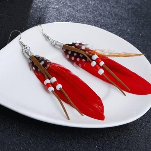 New Arrivals Fashion Earrings Jewelry Red Color Bohemia Style Colorful Feather Tassel Eardrop Earrings For Women ES0249d