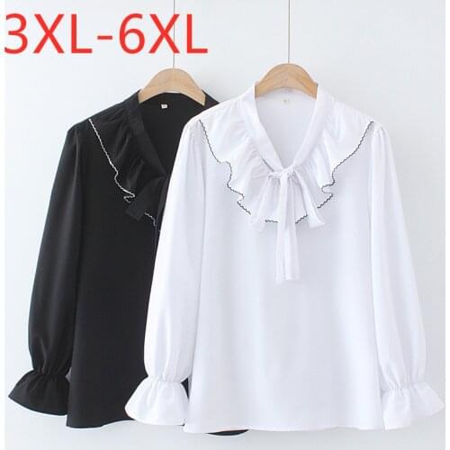 New 2021 Ladies Spring Autumn Plus Size Tops For Women Large Long Sleeve Loose Casual Bow White Chiffon Shirt 3XL 4XL 5XL 6XL