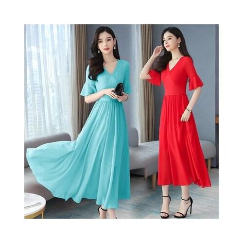Women Dress Sukienki V-neck Half Lotus Leaf Sleeve A-line Chiffon Vintage Vestidos De Verano Mujer Vintage Dress