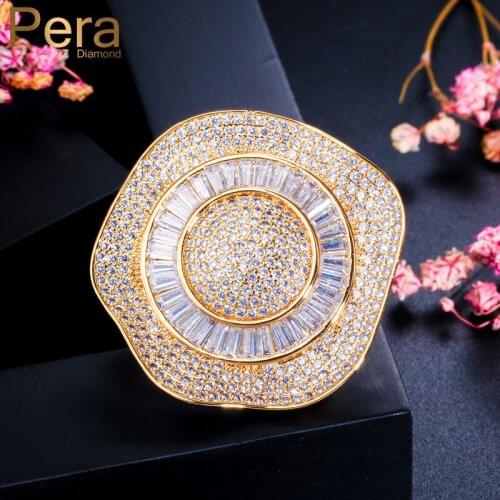 Pera Luxury Yellow Gold Color Wedding Party Micro Pave Cubic Zircon Big Round Brooches Jewelry for Women Dress Accessories C003