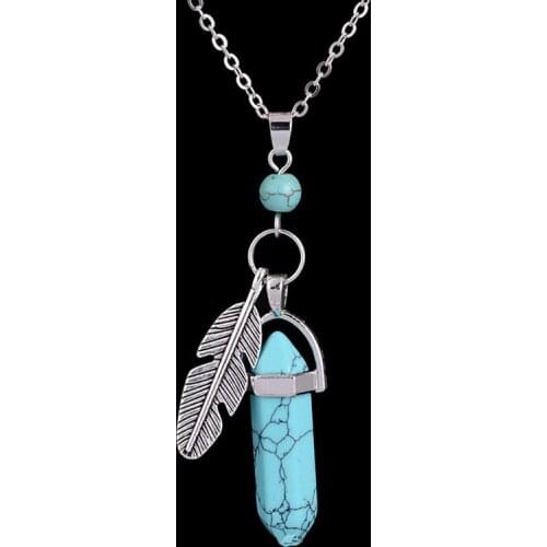 Vintage Feather Necklace Hexagonal Bullet Reiki Chakra Natural Stone Crystal Quartz Charm Pendants Women Men Jewelry