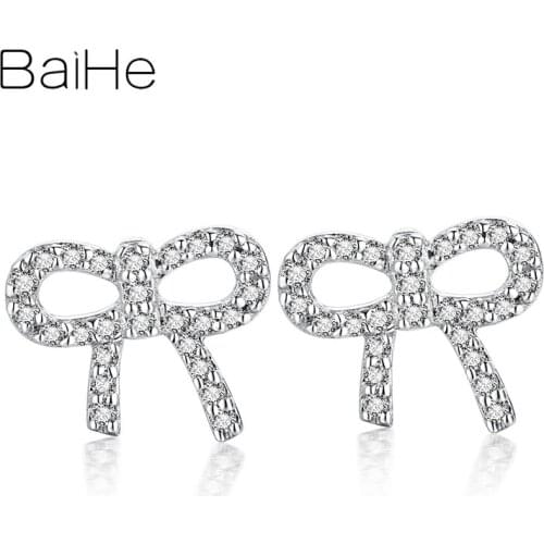 BAIHE Genuine Solid 14K White Gold 0.22ct H/SI Natural Diamonds Wedding Gift Trendy Fine Jewelry Bowknot Stud Earrings Women