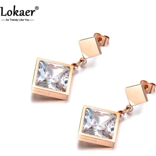 Lokaer Fashion Big Square Cubic Zirconia Steel Stud Earrings Charming High Quality Jewelry For Women Girls E18048