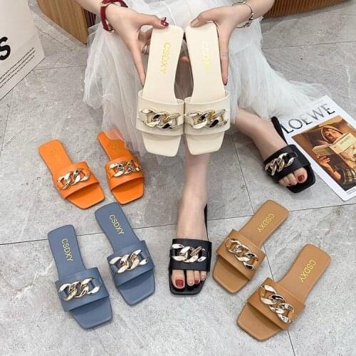 Summer 2021 New Web Celebrity Flip-Flops For Women To Wear Fashion Metal Buckle Vintage Instagram Trend