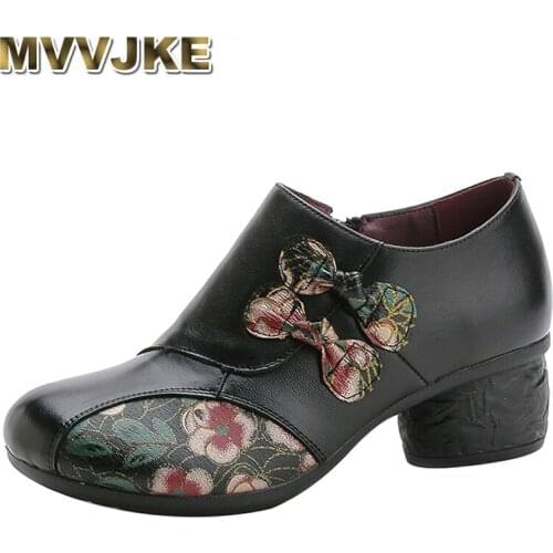 MVVJKEWoman Mid Heels Shoes Casual Flowers Pumps Black Red Purple Genuine Leather Pump 2020 Spring Shoe For Women