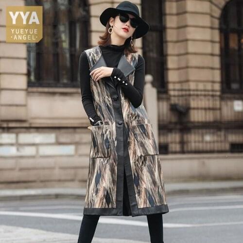 Fashion Women Floral Printed Sheepskin Real Leather Midi Dress Vintage Belted Single Breasted Sleeveless Straight Tank Dresses