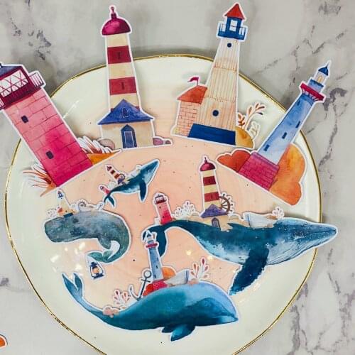 12pcs Whale and lighthouse sticker retro kawaii sticker child sticker DIY diary clip art photo