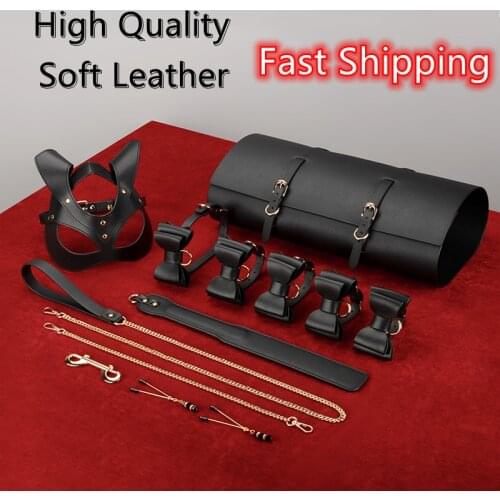 BDSM Bondage Leather Kit Cat Mask SM Paddle Handcuff Collar Nipple Clamps