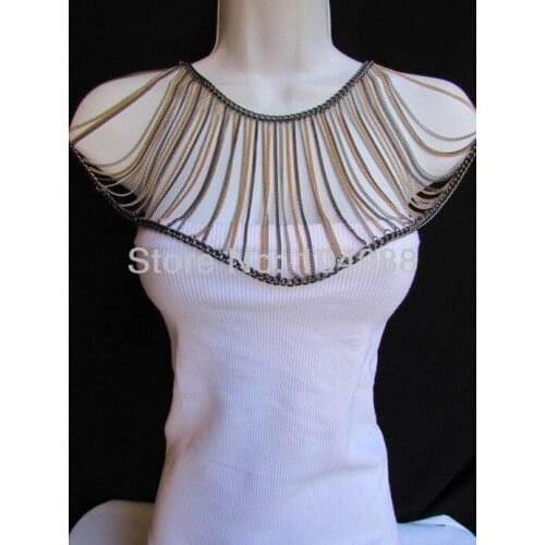 FREE SHIPPING 2014 NEW WOMEN PEWTER THREE COLORS CHAINS WAVES ACROSS SHOULDERS CHAINS JEWELRY FASHION NECKLACE