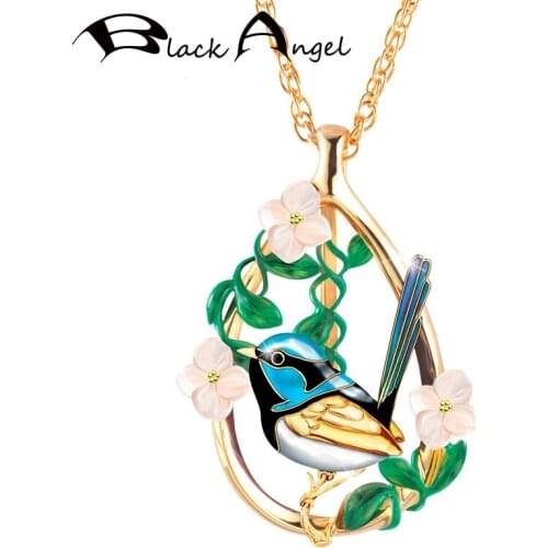 BLACK ANGEL New 925 Sterling Silver Enamel Pink Flower Cute Bird Sparrow Magpie Pendant Necklace for Women Animal Jewelry Gift
